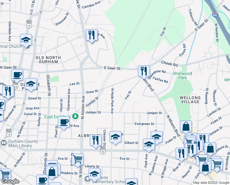 map of restaurants, bars, coffee shops, grocery stores, and more near 1521 North Hyde Park Avenue in Durham