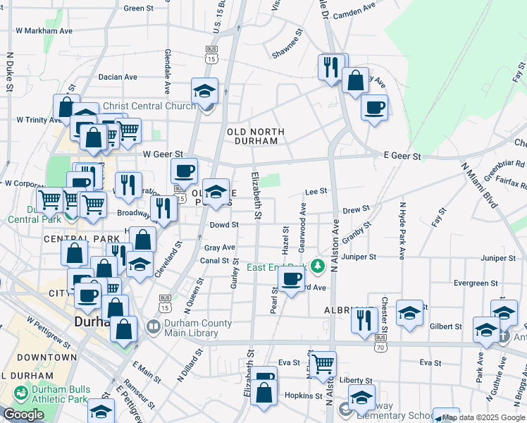 map of restaurants, bars, coffee shops, grocery stores, and more near 910 North Elizabeth Street in Durham