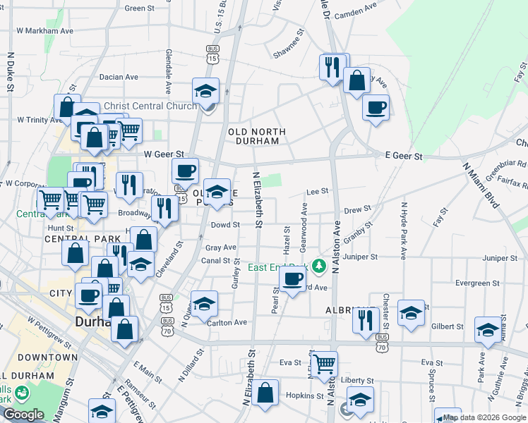map of restaurants, bars, coffee shops, grocery stores, and more near 1317 Tucker Street in Durham
