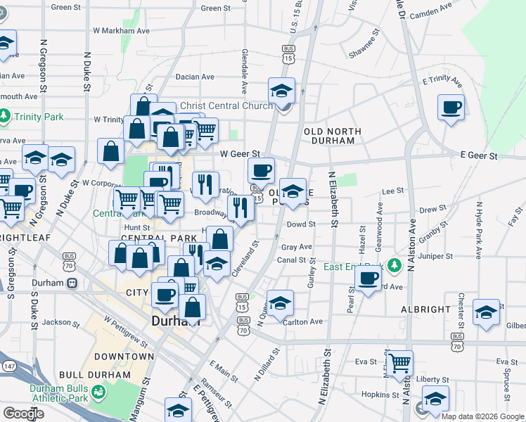 map of restaurants, bars, coffee shops, grocery stores, and more near 801 North Mangum Street in Durham
