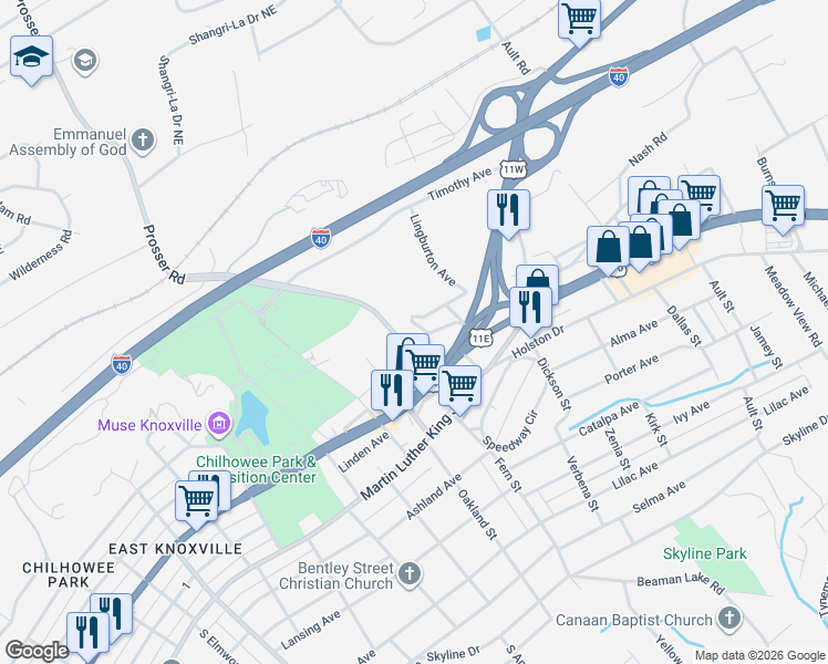 map of restaurants, bars, coffee shops, grocery stores, and more near 321 Bedford Avenue in Knoxville