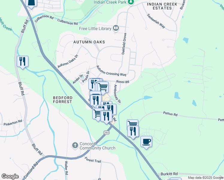 map of restaurants, bars, coffee shops, grocery stores, and more near 8710 Ambonnay Drive in Brentwood