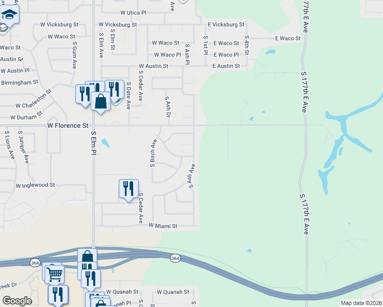 map of restaurants, bars, coffee shops, grocery stores, and more near 4905 South Ash Avenue in Broken Arrow