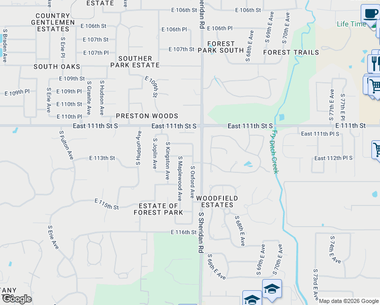 map of restaurants, bars, coffee shops, grocery stores, and more near 6034 East 112th Street in Tulsa