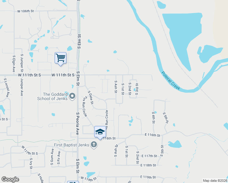 map of restaurants, bars, coffee shops, grocery stores, and more near 11205 South Birch Street in Jenks