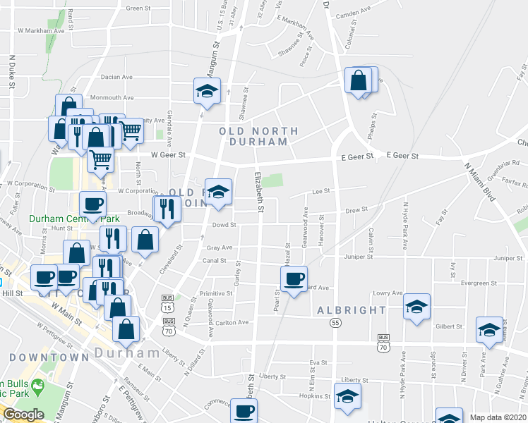 map of restaurants, bars, coffee shops, grocery stores, and more near 910 North Elizabeth Street in Durham