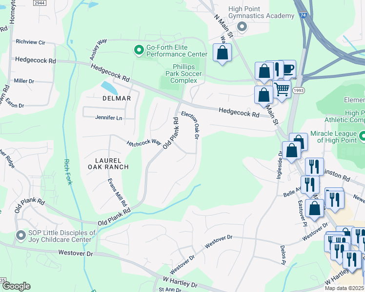 map of restaurants, bars, coffee shops, grocery stores, and more near 516 Brummell Lane in High Point