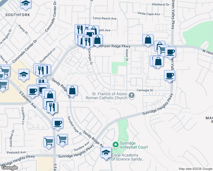 map of restaurants, bars, coffee shops, grocery stores, and more near 700 Carnegie Street in Henderson