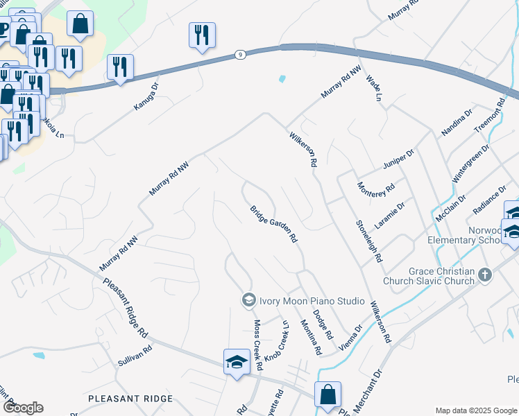 map of restaurants, bars, coffee shops, grocery stores, and more near 6026 Bridge Garden Road in Knoxville