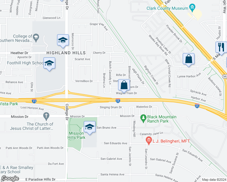 map of restaurants, bars, coffee shops, grocery stores, and more near 913 Wagon Train Drive in Henderson