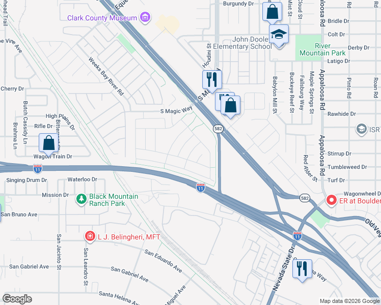 map of restaurants, bars, coffee shops, grocery stores, and more near Nerka Drive in Henderson