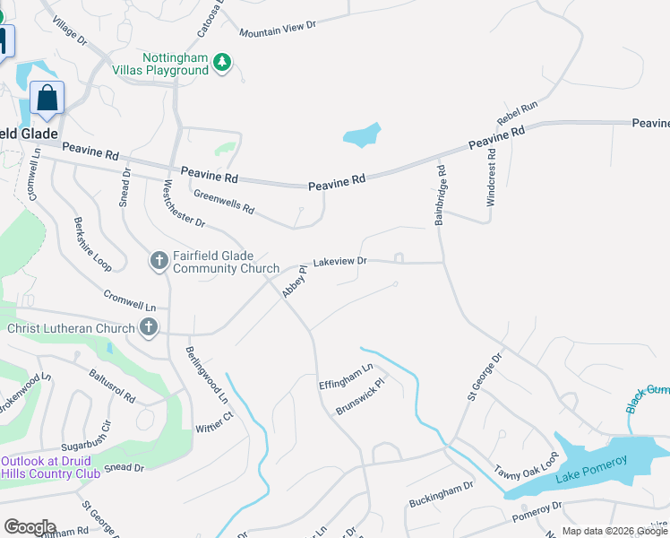 map of restaurants, bars, coffee shops, grocery stores, and more near 624 Lakeview Drive in Crossville
