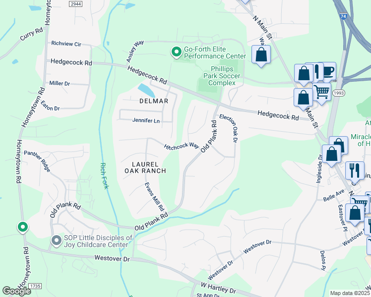 map of restaurants, bars, coffee shops, grocery stores, and more near 701 Hitchcock Way in High Point