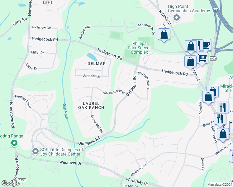 map of restaurants, bars, coffee shops, grocery stores, and more near 701 Hitchcock Way in High Point