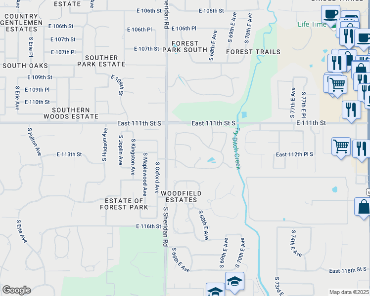 map of restaurants, bars, coffee shops, grocery stores, and more near 6623 East 112th Place in Bixby