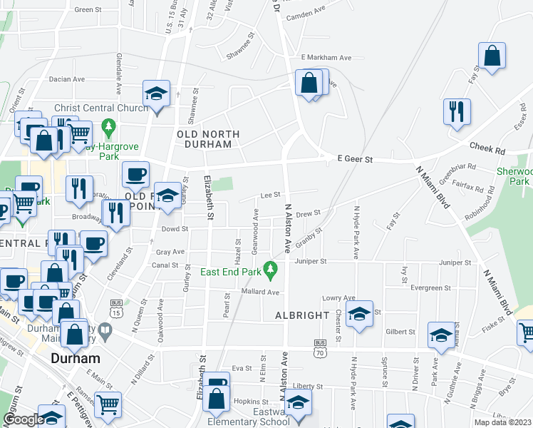 map of restaurants, bars, coffee shops, grocery stores, and more near 703 Drew Street in Durham