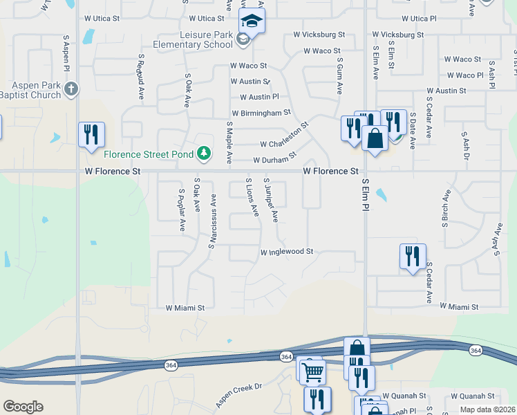 map of restaurants, bars, coffee shops, grocery stores, and more near 5000 South Juniper Avenue in Broken Arrow