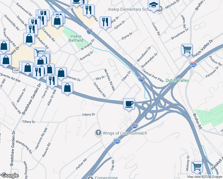map of restaurants, bars, coffee shops, grocery stores, and more near 4409 Nicholas Road Northwest in Knoxville