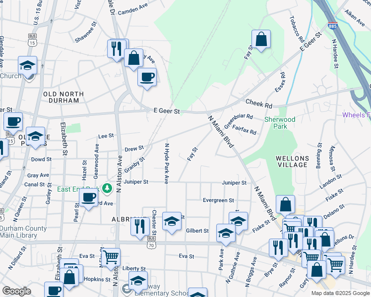map of restaurants, bars, coffee shops, grocery stores, and more near 1410 Evelyn Street in Durham