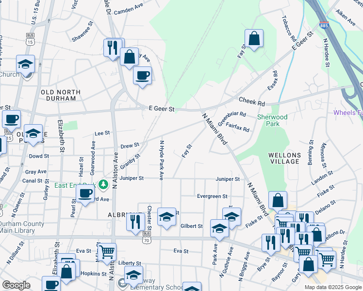 map of restaurants, bars, coffee shops, grocery stores, and more near 1410 Evelyn Street in Durham