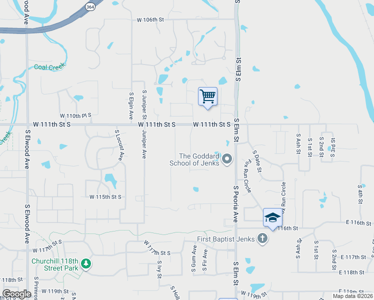 map of restaurants, bars, coffee shops, grocery stores, and more near 920 West 111th Street South in Jenks