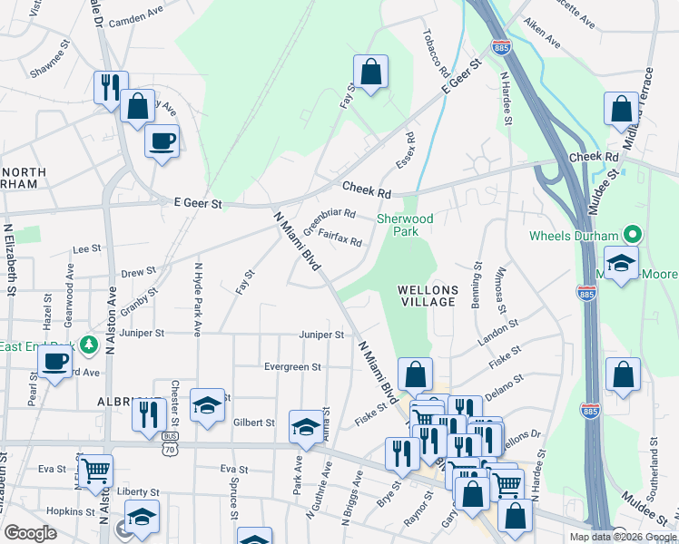 map of restaurants, bars, coffee shops, grocery stores, and more near 1601 Robinhood Road in Durham