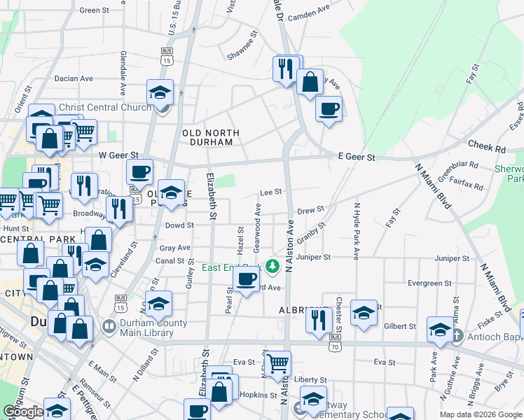 map of restaurants, bars, coffee shops, grocery stores, and more near 1409 Gearwood Avenue in Durham