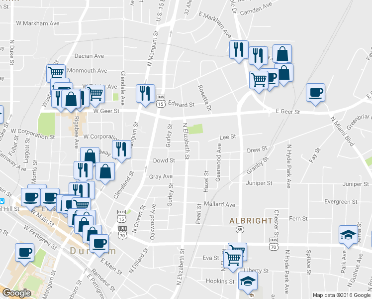 map of restaurants, bars, coffee shops, grocery stores, and more near 314 Lyric Street in Durham
