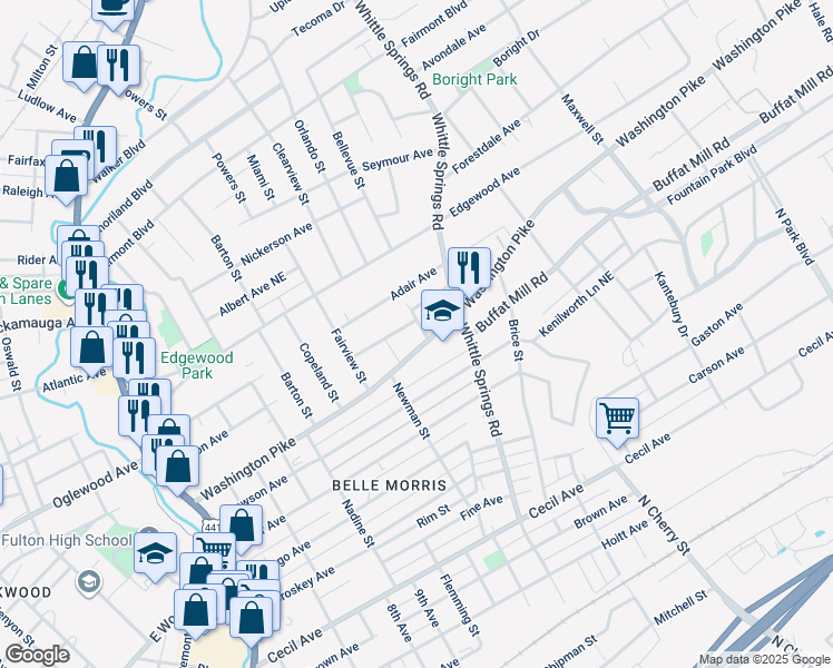 map of restaurants, bars, coffee shops, grocery stores, and more near 2221 Belvoir Avenue in Knoxville
