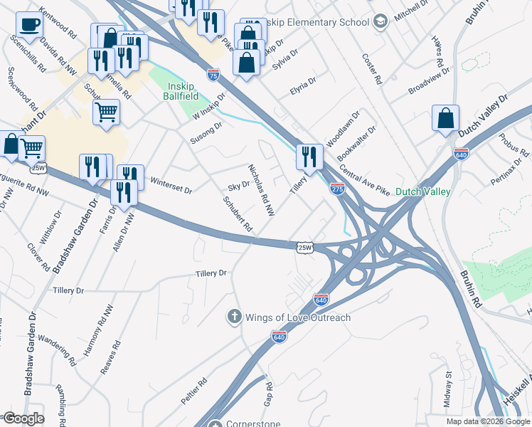 map of restaurants, bars, coffee shops, grocery stores, and more near 4409 Nicholas Road Northwest in Knoxville