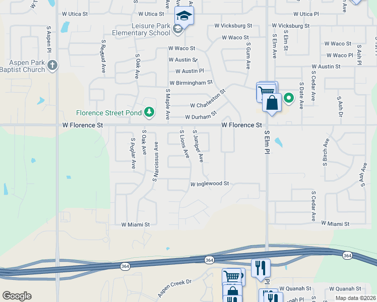 map of restaurants, bars, coffee shops, grocery stores, and more near 5000 South Juniper Avenue in Broken Arrow