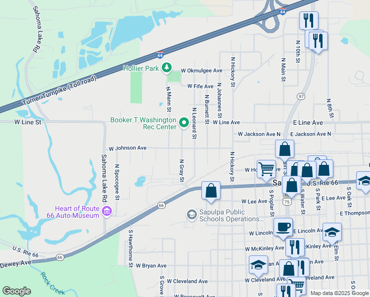 map of restaurants, bars, coffee shops, grocery stores, and more near 208 North Gray Street in Sapulpa