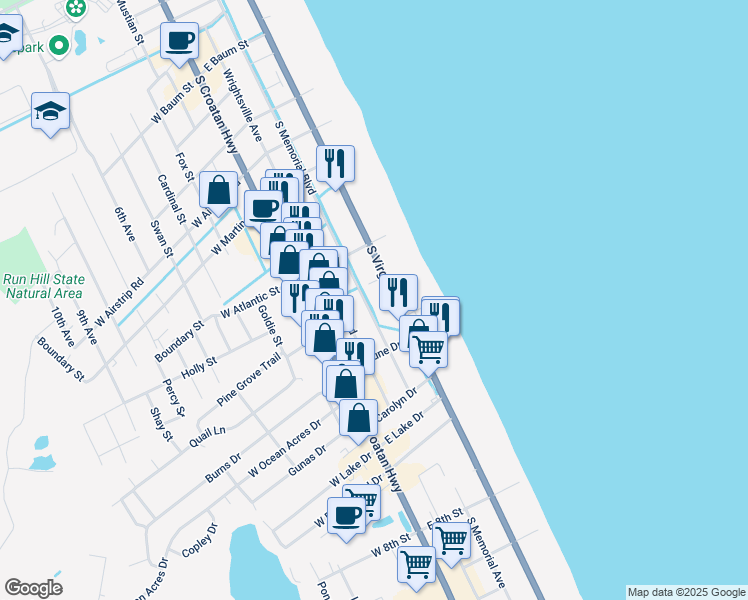 map of restaurants, bars, coffee shops, grocery stores, and more near 1439-1501 South Memorial Boulevard in Kill Devil Hills