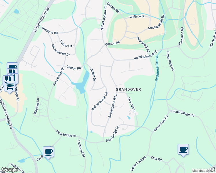 map of restaurants, bars, coffee shops, grocery stores, and more near 3801 Waldenbrook Road in Greensboro