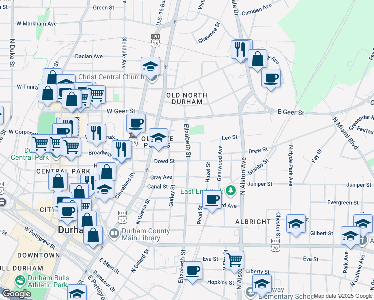 map of restaurants, bars, coffee shops, grocery stores, and more near 911 North Elizabeth Street in Durham