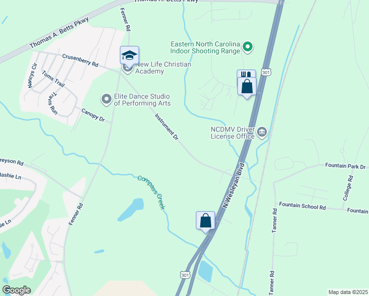 map of restaurants, bars, coffee shops, grocery stores, and more near 425 Instrument Drive in Rocky Mount