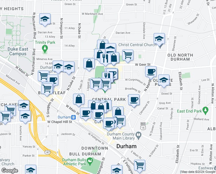 map of restaurants, bars, coffee shops, grocery stores, and more near 530 Foster Street in Durham