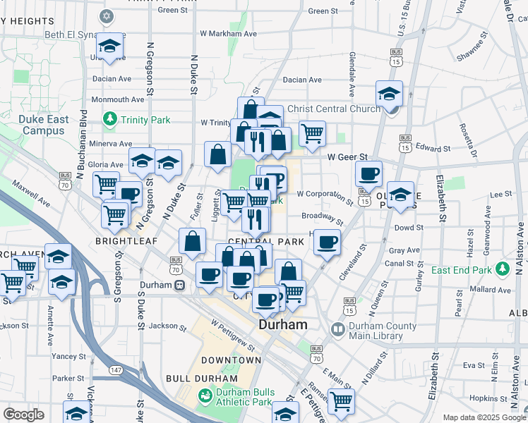 map of restaurants, bars, coffee shops, grocery stores, and more near 530 Foster Street in Durham