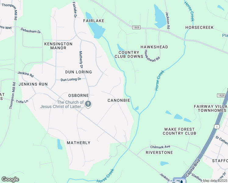map of restaurants, bars, coffee shops, grocery stores, and more near 2409 Canonbie Lane in Wake Forest