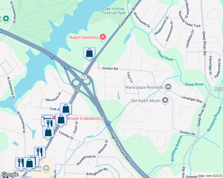 map of restaurants, bars, coffee shops, grocery stores, and more near 2714 Red Run Court in High Point