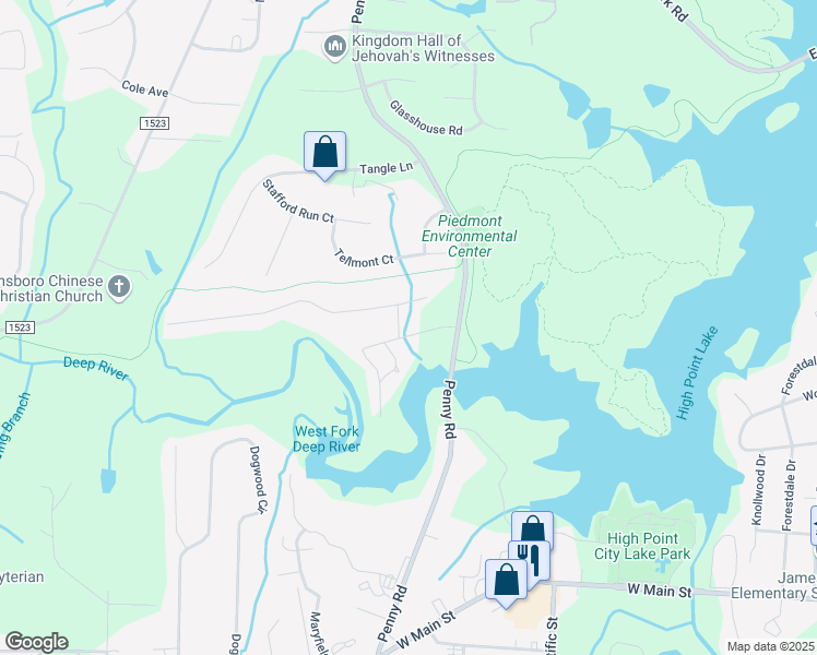 map of restaurants, bars, coffee shops, grocery stores, and more near 1301 Lakeview Heights Drive in High Point