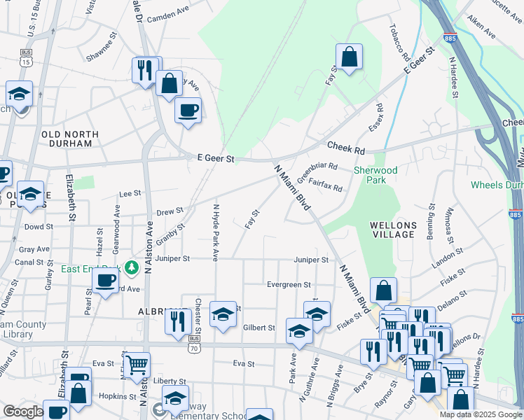 map of restaurants, bars, coffee shops, grocery stores, and more near 1504 Fay Street in Durham