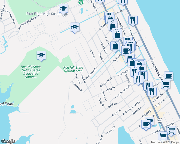 map of restaurants, bars, coffee shops, grocery stores, and more near 702 West Airstrip Road in Kill Devil Hills