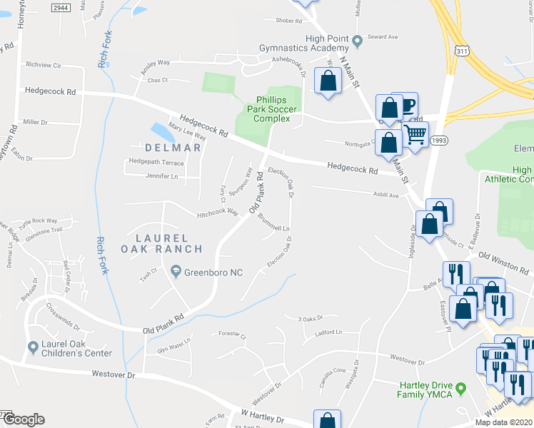 map of restaurants, bars, coffee shops, grocery stores, and more near 520 Brummell Lane in High Point