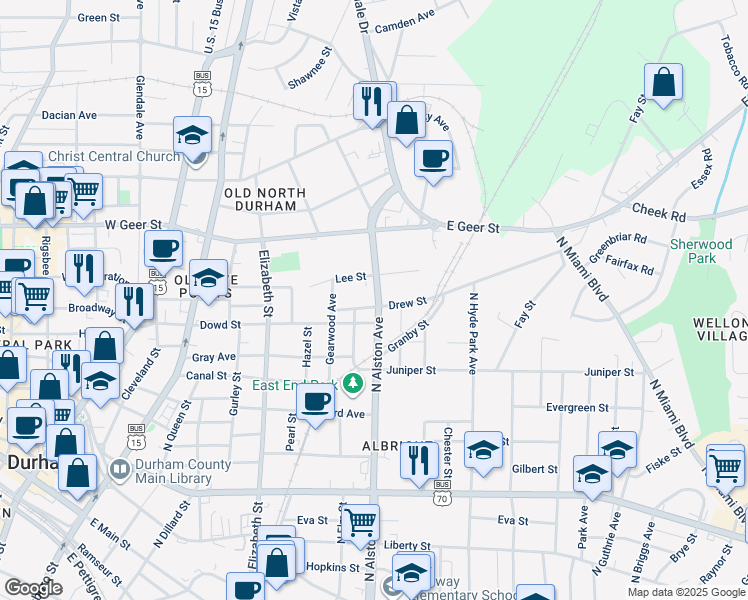 map of restaurants, bars, coffee shops, grocery stores, and more near 809 Drew Street in Durham