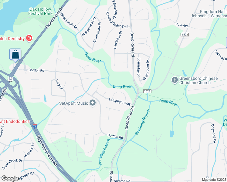 map of restaurants, bars, coffee shops, grocery stores, and more near 2667 Lamplight Circle in High Point