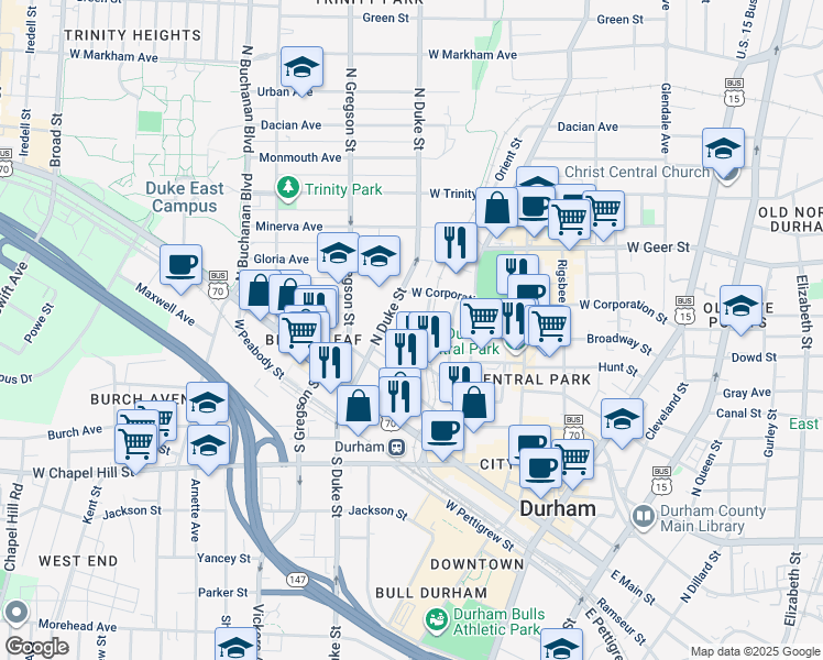map of restaurants, bars, coffee shops, grocery stores, and more near 311 Fuller Street in Durham