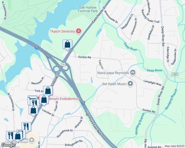map of restaurants, bars, coffee shops, grocery stores, and more near 2732 Red Run Court in High Point