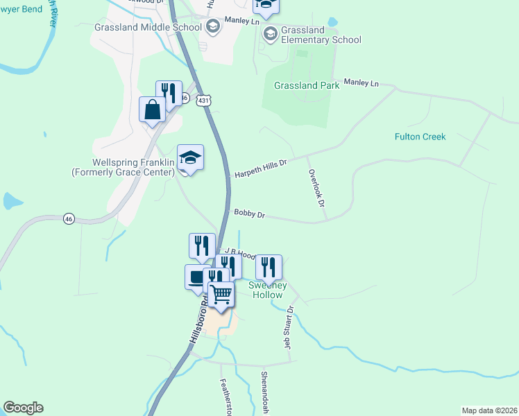 map of restaurants, bars, coffee shops, grocery stores, and more near 104 Bobby Drive in Franklin