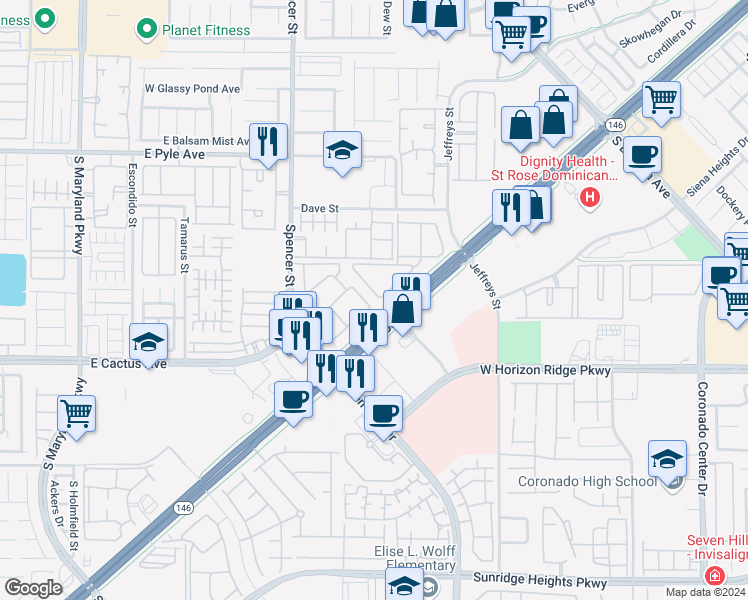 map of restaurants, bars, coffee shops, grocery stores, and more near 3080 Saint Rose Parkway in Henderson